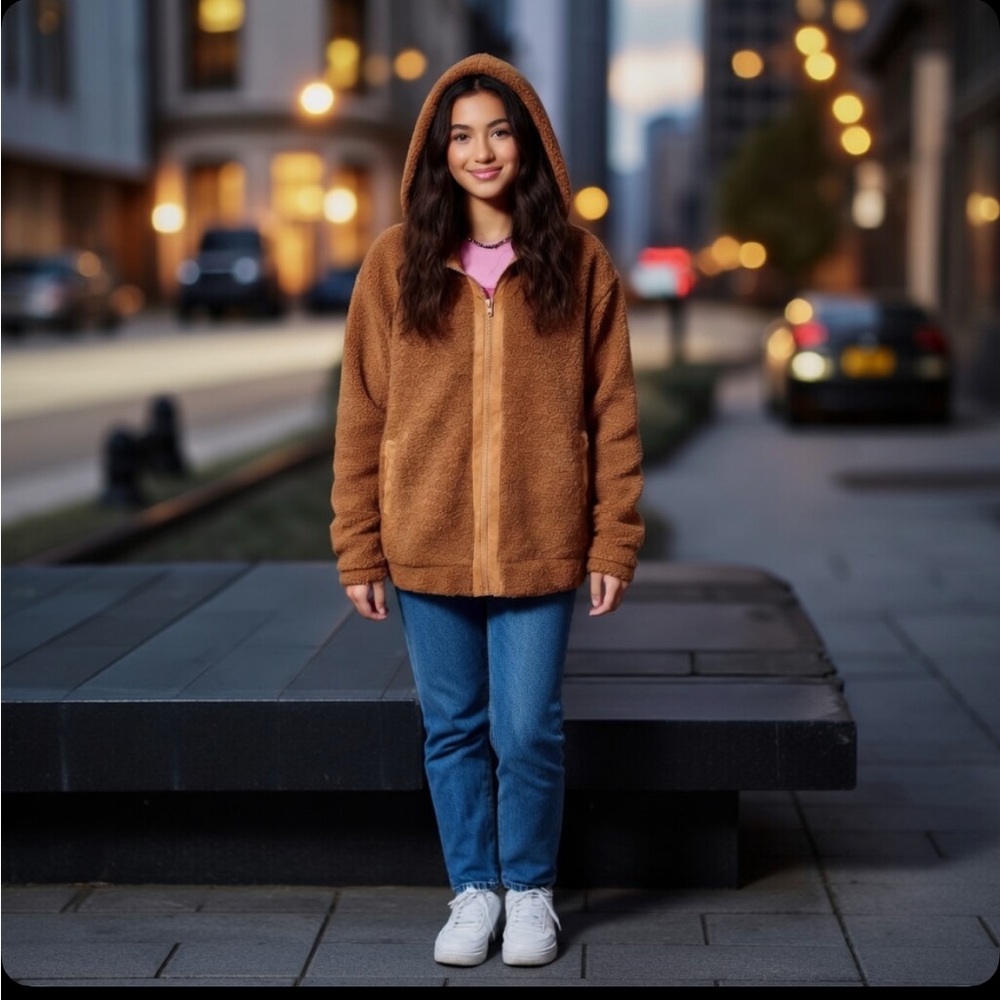 Sherpa Hooded Brown / Fleece Jacket fully lined zip up & pockets NWT Boutique